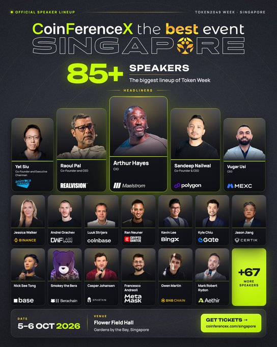Promotional graphic for CoinFerenceX Singapore event on October 5-6, 2026, featuring 85+ speakers including headliners Arthur Hayes (Maelstrom), Raoul Pal (RealVision), Sandeep Nailwal (Polygon), Yat Siu (Animoca Hong King), and Vugar Usi (MEXC) at Flower Field Hall, Gardens by the Bay.