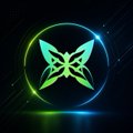 A small digital graphic displays a glowing green butterfly or moth logo against a dark background.