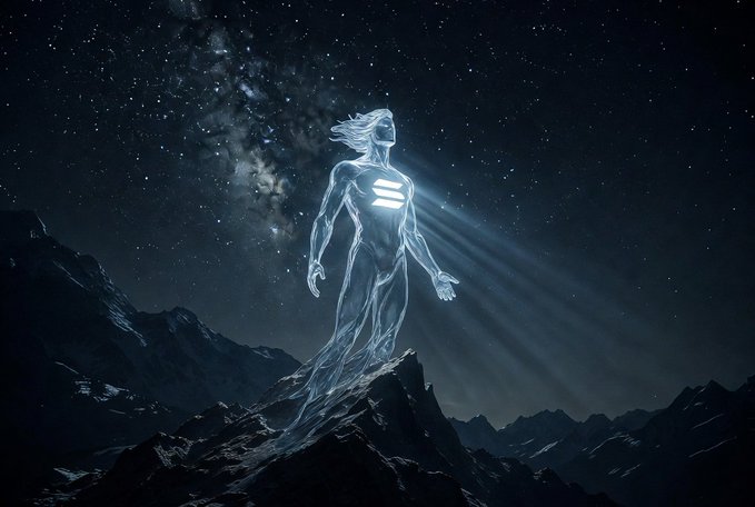 A dramatic digital art piece depicting a glowing, ethereal humanoid figure standing atop a mountain peak under a starry night sky with the Milky Way visible, light emanating from its chest.