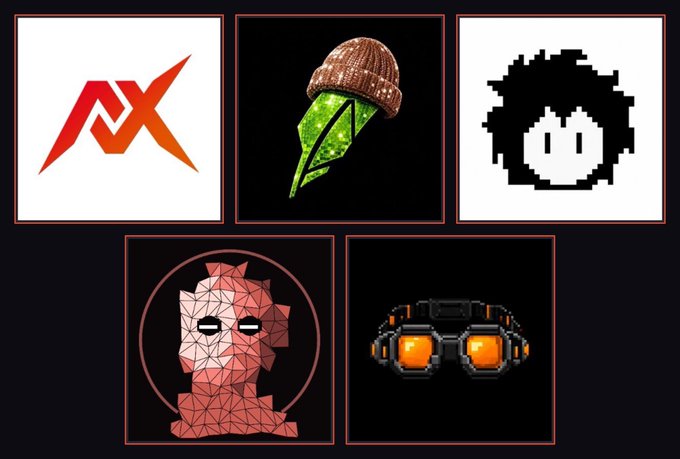 A collage of five NFT collections featured in today's mints: the "AX" logo (likely BLNK), an acorn with a green leaf (The Bunkerhood), a pixelated character icon (LSA), a low-poly figure in a red circle (NoctiX), and orange-lensed goggles (RobinWIFHat).