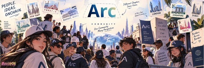 Anime-style illustration promoting the Arc community at the Onchain event, with signs pointing to global chapters like New York, London, Singapore, and Dubai, captioned 'People, Ideas, Onchain'.