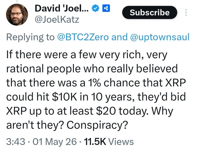 A tweet screenshot from verified user David Joel Katz (@JoelKatz) replying to @BTC2Zero and @uptownsaul, dated 1 May 26 at 3:43 with 11.5K views, which reads: "If there were a few very rich, very rational people who really believed that there was a 1% chance that XRP could hit $10K in 10 years, they'd bid XRP up to at least $20 today. Why aren't they? Conspiracy?" — paired with a follow-up comment asking "Do we just ignore David then? $XRP," highlighting skepticism toward the tweet's argument about XRP's potential price.