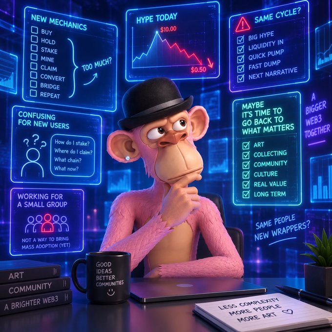 A pink cartoon monkey in a bowler hat sits at a desk surrounded by floating digital screens critiquing crypto/Web3 trends, with a mug reading 'GOOD IDEAS BETTER COMMUNITIES' and notes about 'A BRIGHTER WEB3.'
