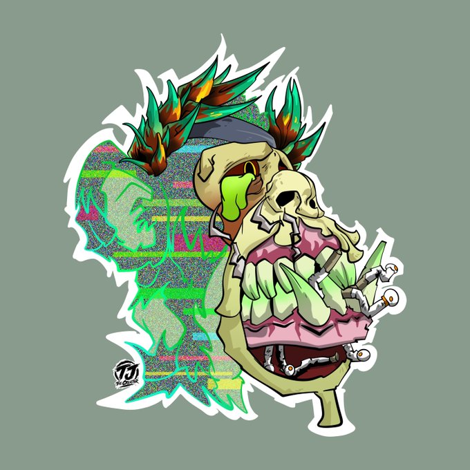 A stylized cartoon illustration of a monstrous creature with sharp teeth, green slime, a pirate hat, and antlers, displayed as a sticker design.