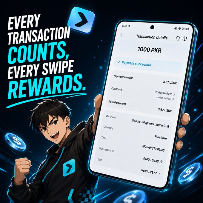 A promotional graphic for a payment app featuring an anime-style character holding a phone showing a successful 1000 PKR transaction paying 3.67 USDC to Google Telegram London GBR, with the text 'EVERY TRANSACTION COUNTS, EVERY SWIPE REWARDS.'