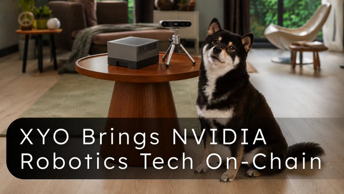 Thumbnail image showing a Shiba Inu dog sitting next to a table with a small NVIDIA Jetson device and a camera, with overlay text reading 'XYO Brings NVIDIA Robotics Tech On-Chain'.