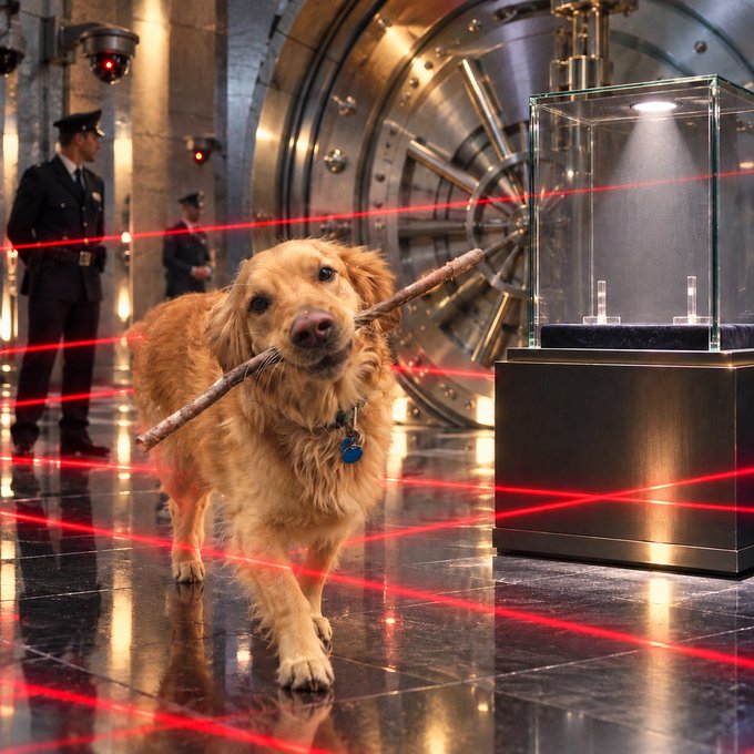 A golden retriever carrying a stick in its mouth walks through a laser grid in what appears to be a bank vault, with security guards visible in the background.