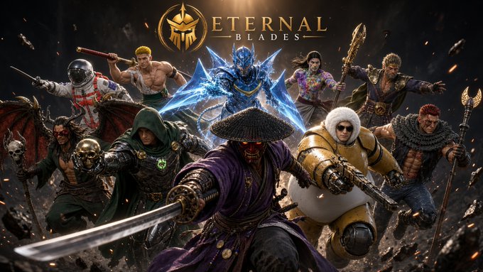 Promotional artwork for the game 'Eternal Blades' showing a lineup of fantasy and warrior characters, with a masked swordsman in purple leading the group.