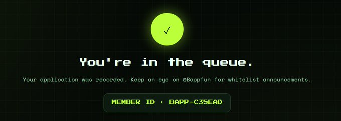 A confirmation screen from Bappfun showing "You're in the queue" with a member ID of BAPP-C35EAD, indicating a user has joined the whitelist for their upcoming NFT collection. The post highlights additional utility beyond the art, including free mints, early access to the $bapp token, and a burn-to-earn mechanism for holders.