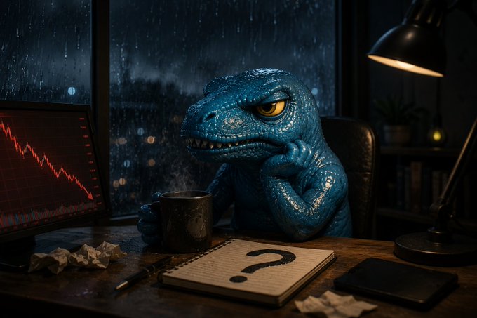 A digital illustration of a blue dinosaur-like creature sitting thoughtfully at a desk at night, holding a mug while looking at a computer monitor displaying a red declining chart.
