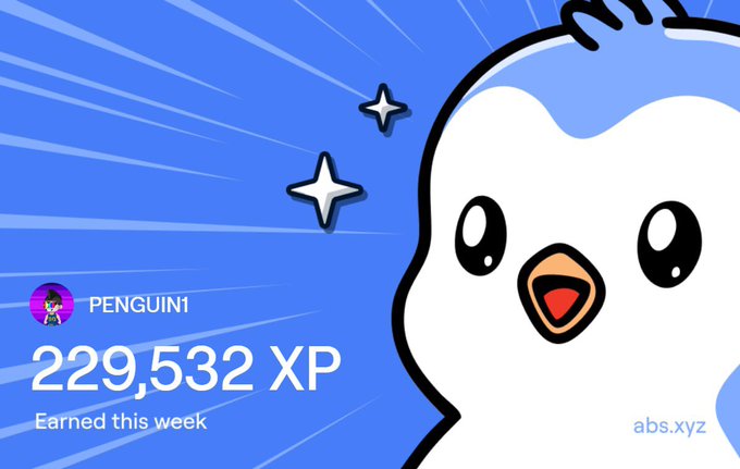 The image features a cartoon penguin with a blue head and white body, sitting against a blue background that has stars scattered throughout. Below the penguin's face, there is text that reads "229,532 XP this week on @Abstract_Eco Every quest, every challenge, every day of grinding adds up. No shortcuts. No luck. Just consistency, patience, and belief in the ecosystem." The post appears to be a social media post or advertisement related to gaming or a game-related platform.