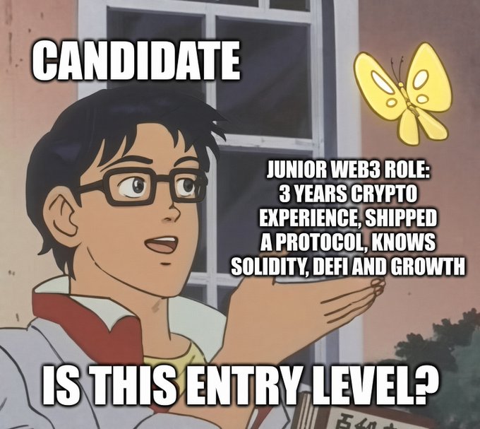 The meme uses the classic "Is this a pigeon?" anime format to humorously depict a candidate questioning whether a Web3 job listing requiring 3 years of crypto experience, a shipped protocol, and expertise in Solidity, DeFi, and growth is truly "junior" level—highlighting how unrealistic entry-level requirements have become in the Web3 space.