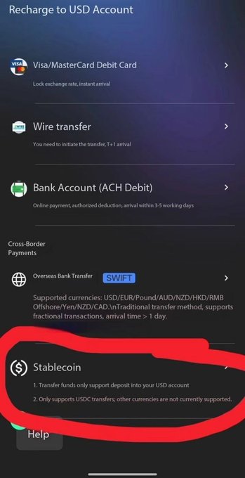 The image shows a "Recharge to USD Account" menu with various funding options including Visa/MasterCard Debit Card, Wire transfer, Bank Account (ACH Debit), Overseas Bank Transfer (SWIFT), and Stablecoin (with a red circle highlighting it, noting "Transfer funds only support deposit into your USD account" and "Only supports USDC transfers"). This screenshot illustrates the post's point about USDC off-ramping limitations, as the platform currently only supports USDC *deposits* to a USD account, not the reverse — the fiat withdrawal side of the conversion that the author highlights as the real pain point in crypto.