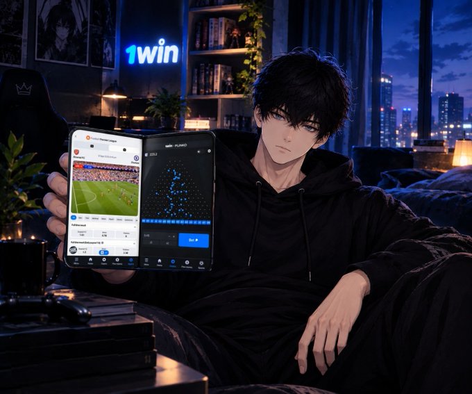 An anime-style young man in a black hoodie holds a foldable smartphone displaying a sports app and another app interface, with a neon '1 win' sign in the background of his dark room.