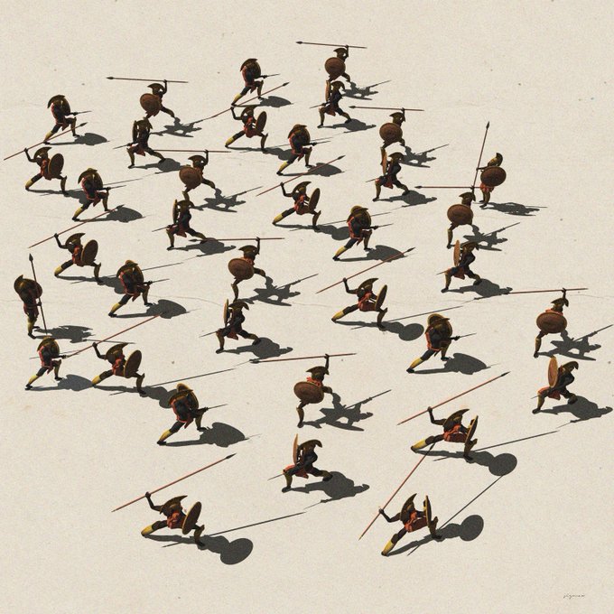 A formation of ancient Greek hoplite warriors with spears and shields cast in battle positions across a sandy battlefield, complementing the post's celebration of secondary sales and airdrops tied to "The Great Wave of Argos" NFT collection.