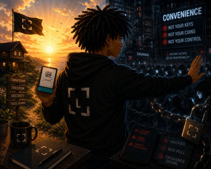A split illustration contrasting self-custody (warm sunrise, person holding a hardware wallet with signs for Ownership, Freedom, Security, Peace of Mind) versus centralized exchanges (dark, crowded scene warning 'NOT YOUR KEYS, NOT YOUR COINS, NOT YOUR CONTROL').