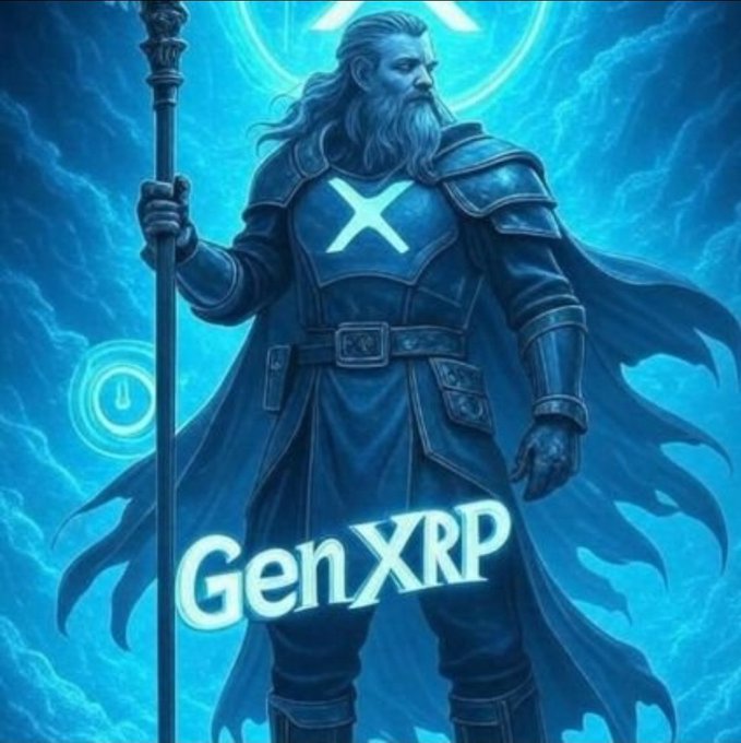 A fantasy-style digital illustration titled "GenXRP" portrays a bearded warrior in blue armor with a glowing "X" on his chest, holding a staff against a mystical blue background with a logo resembling the XRP symbol.
