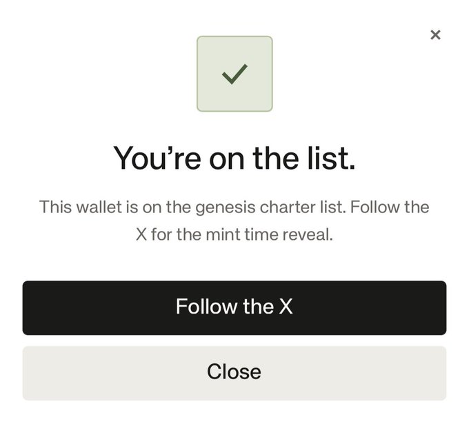 A modal popup displays a green checkmark with the message "You're on the list," indicating a wallet has been registered for a genesis charter list, with instructions to "Follow the X for the mint time reveal." This confirms successful whitelisting for an upcoming NFT mint, supporting the post's bullish sentiment about the developer "beans" and their work from Abstract.