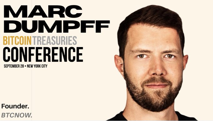 Promotional graphic for the "MARC DUMPFF BITCOIN TREASURIES CONFERENCE" on September 28 in New York City, featuring a bearded man identified as "Founder, BTCNOW."