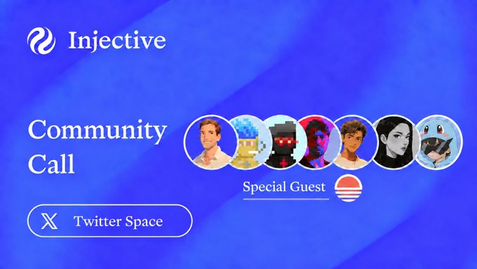 Promotional graphic for an Injective Community Call on Twitter Space, featuring various avatar illustrations and a 'Special Guest' label.