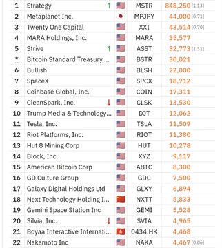 A stock market ranking list showing various companies including Strategy (MSTR) at 848,250, Metaplanet Inc. (MPJPF) at 44,000, Twenty One Capital (XXI) at 43,514, MARA Holdings (MARA) at 35,577, and Strike (STRIKE) at 30,021, among others with flags indicating country of origin.
