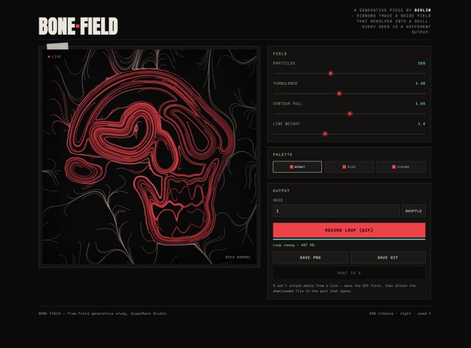An interface for 'BONE FIELD,' a generative study by BERLIN that creates noise-traced skull field images, featuring sliders for Particlize, Turbulence, Contour Pull, and Line Weight, with options to record loops as PNG or GIF.