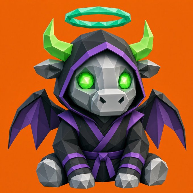 A low-poly, dragon-like creature with glowing green eyes, neon green horns, a teal halo, and a dark purple hooded robe sits against an orange background. The mystical, guardian-like mascot visually represents the NFT project's brand identity, likely serving as the official character meant to be minted by holders connecting their wallets.