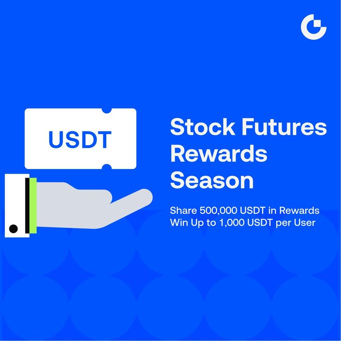 A promotional graphic with a blue background features an illustration of a hand holding a white "USDT" ticket, alongside the text "Stock Futures Rewards Season - Share 500,000 USDT in Rewards, Win Up to 1,000 USDT per User," visually reinforcing the campaign's offer to distribute 500,000 USDT in rewards for trading stock futures, with prizes including a 10 USDT new user bonus and a 20 USDT loss compensation.