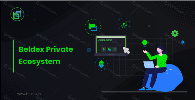 A promotional graphic titled 'Beldex Private Ecosystem' featuring an illustrated woman using a laptop with floating icons representing Beldex features.