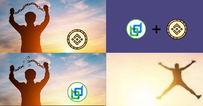 A four-panel meme contrasting two cryptocurrency communities: the top shows a figure breaking free from chains with a Binance coin, while the bottom shows freedom with a green logo, followed by logos combining with a final panel of a silhouette jumping joyfully against the sun.