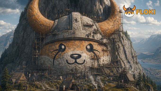 A dramatic digital artwork depicting a massive horned helmet embedded in a mountainside with a bear face, featuring the FLOKI cryptocurrency logo in the top right corner.