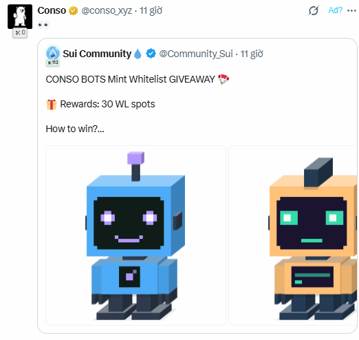 An X (Twitter) post from @conso_xyz quoting 'Sui Community' (@Community_Sui) announcing a 'CONSO BOTS Mint Whitelist GIVEAWAY' with 30 WL spots as rewards, featuring two blocky robot characters.