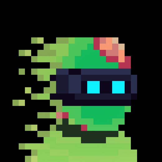 A pixel art character with a green slime-like body wears a black VR visor over cyan eyes, set against a black background. The image relates to the "Zillions" post as a stylized, retro gaming-inspired visual of a virtual reality–wearing creature.