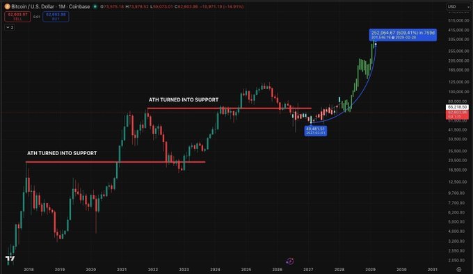 Bitcoin/USD monthly Coinbase chart on TradingView showing historical all-time-high levels turning into support (annotated twice), with a parabolic curve projecting price toward $292,066 by late 2029.