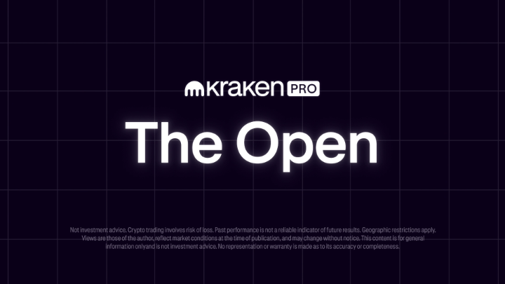 The image displays a dark promotional graphic with the "Kraken Pro" logo and the title "The Open," accompanied by a standard crypto trading disclaimer at the bottom. The caption references adapting trading targets to market conditions, suggesting this is a thumbnail or header for a Kraken Pro educational market analysis piece on flexible trading strategies.
