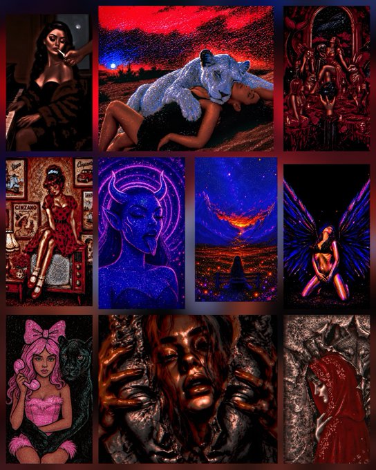 A collage of nine dark, fantastical digital art pieces featuring themes of gothic, celestial, and otherworldly imagery including angels, demons, and night scenes.