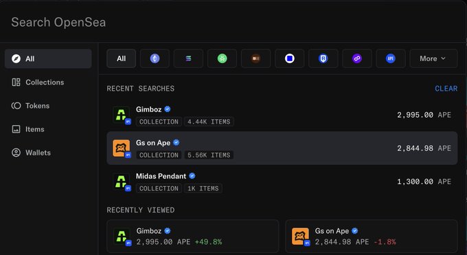 A screenshot of the OpenSea search interface displaying recent searches for NFT collections including Gimboz (2,995.00 APE), Gs on Ape (2,844.98 APE), and Midas Pendant (1,300.00 APE).