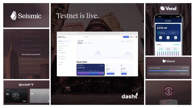 A promotional collage announcing the Seismic testnet launch features the "Seismic" and "Testnet is live" branding alongside various product mockups including a DashFi dashboard showing $50.23 and $6,751.93, a Vend Wallet displaying 4,835.38, a Blend Trust Allocation interface, a Shift Visa card, and a token logo, highlighting the ecosystem's range of privacy-focused financial tools.