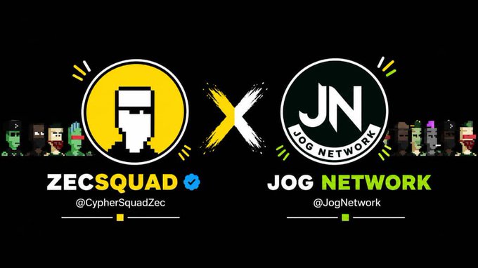 A collaboration announcement graphic between ZECSQUAD (@CypherSquadZec) and JOG NETWORK (@JogNetwork), featuring pixel-art avatars and logos.