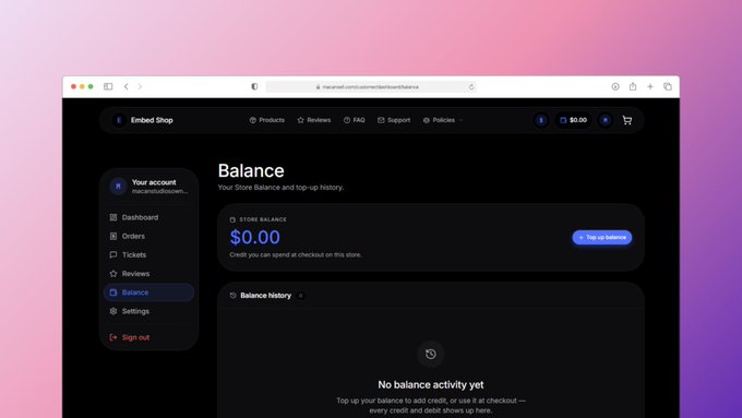 A screenshot of a web browser displaying an 'Embed Shop' account dashboard, showing a store balance of $0.00 and an empty balance history on a dark mode interface.