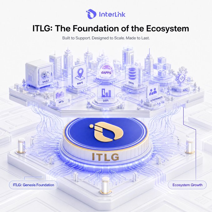 A promotional infographic for "InterLink" titled "ITLG: The Foundation of the Ecosystem," illustrating a 3D digital city with elements like VAULT, MAPS, dAPPS, DATA, NFTs, DEFI, and GOVERNANCE, supported by an "ITLG" foundation.
