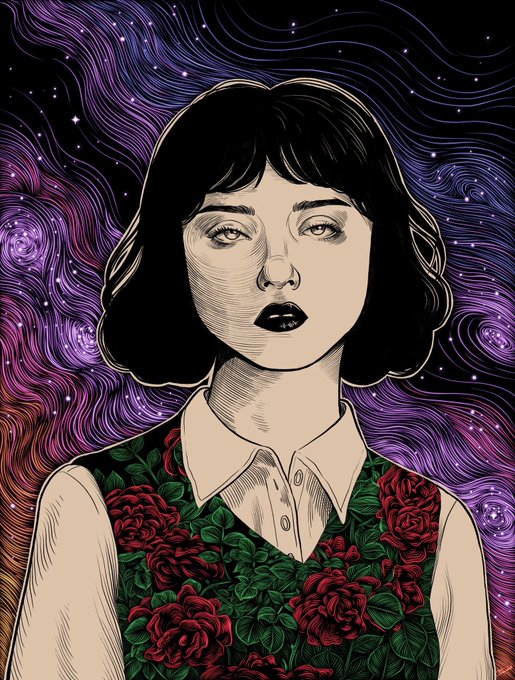 An artistic illustration of a woman with short dark hair and dark lipstick wearing a white collared shirt under a green vest with red roses, set against a purple swirling starry background.