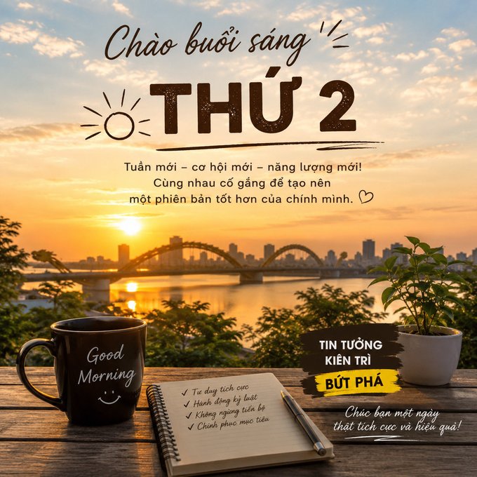 A vibrant Vietnamese morning greeting image featuring a sunset cityscape with a bridge, alongside a "Good Morning" coffee mug, notebook, and potted plant. Prominent text reads "Chào buổi sáng THỨ 2" (Good Morning Monday) with motivational phrases like "TIN TƯỞNG KIÊN TRÌ BỨT PHÁ" (Believe, Persist, Breakthrough) and bullet points encouraging exercise, healthy eating, and pursuing goals — perfectly matching the post's message about steady self-improvement and consistency leading to results.
