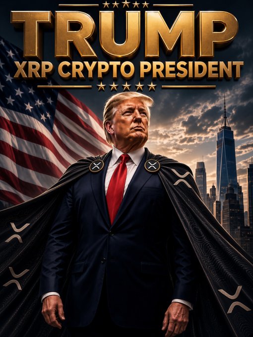 This image depicts Donald Trump as the "XRP Crypto President," with the XRP logo featured prominently on his cape. The accompanying post "$XRP fixed." suggests this image is a positive representation related to the cryptocurrency.