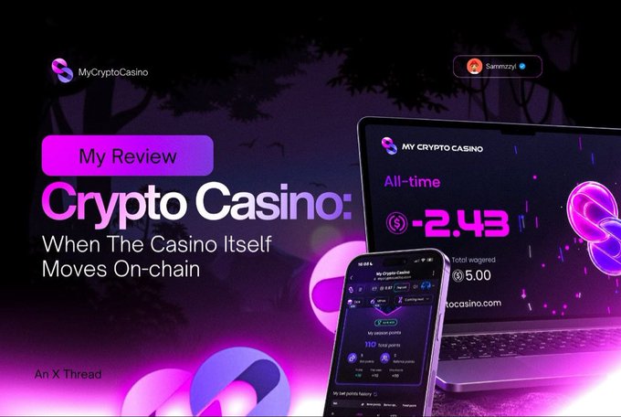 A promotional graphic for MyCryptoCasino featuring the headline "My Review: Crypto Casino: When The Casino Itself Moves On-chain" alongside images of the platform displayed on laptop and smartphone screens, showing account statistics like "-2.43" all-time wagered and "5.00" total wagered. The design uses a vibrant purple and pink gradient aesthetic with floating 3D ring graphics, complementing the review's focus on evaluating how blockchain integration transforms the casino experience beyond just branding.