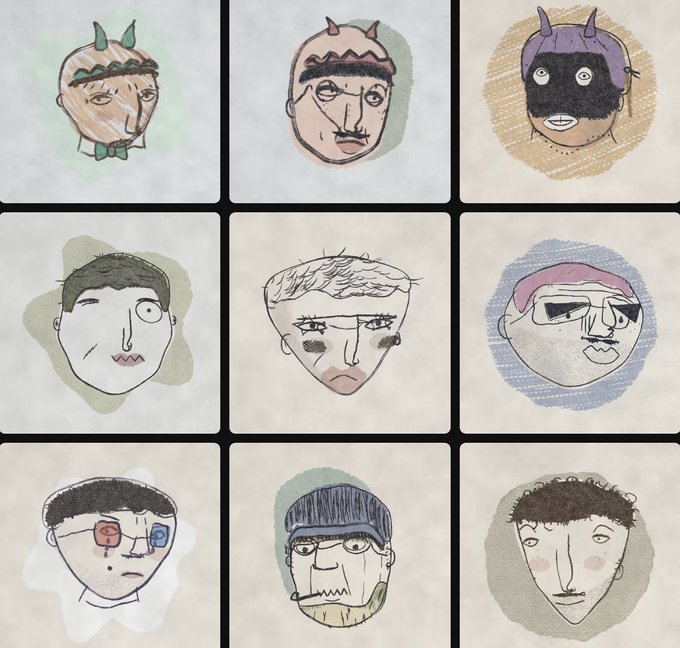 A 3x3 grid of nine hand-drawn, doodle-style character portraits, each with unique features like horns, sunglasses, hats, and stitched faces.