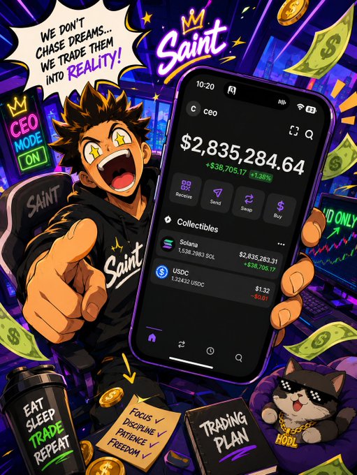 A vibrant promotional image features an anime-style character with glowing star eyes shouting "WE DON'T CHASE DREAMS... WE TRADE THEM INTO REALITY!" alongside a smartphone displaying a crypto wallet balance of "$2,835,284.64" with 1,528.2983 SOL and USDC holdings. Surrounding elements include a "CEO MODE ON" neon sign, an "EAT SLEEP TRADE REPEAT" shaker, a "TRADING PLAN" checklist, and a Shiba Inu mascot wearing a "HOOL" chain—tying into the post's call to action by showcasing the aspirational crypto trader lifestyle and massive SOL gains users could achieve.