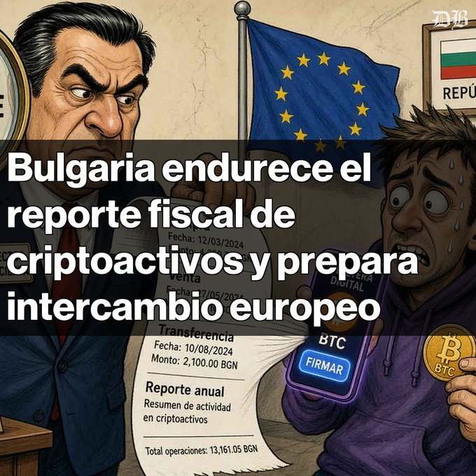 A cartoon illustration showing a stern official holding an EU flag and a tax report next to a sweating man holding a Bitcoin, with Spanish text reading 'Bulgaria endurece el reporte fiscal de criptoactivos y prepara intercambio europeo'.