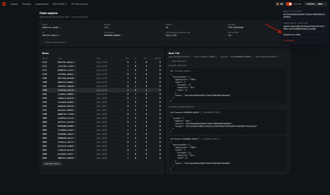 A dark-themed chain explorer dashboard showing block information, including chain details like '6940756_schain' and '6940755_schain', with a red arrow pointing to an 'Disconnect' button in the top right corner.