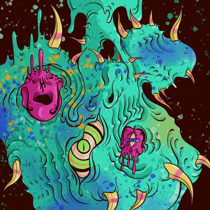 A surreal, psychedelic digital artwork featuring a teal-green slime-like creature with spikes, a large striped eye, and dripping pink heart-shaped elements against a dark, splattered background.